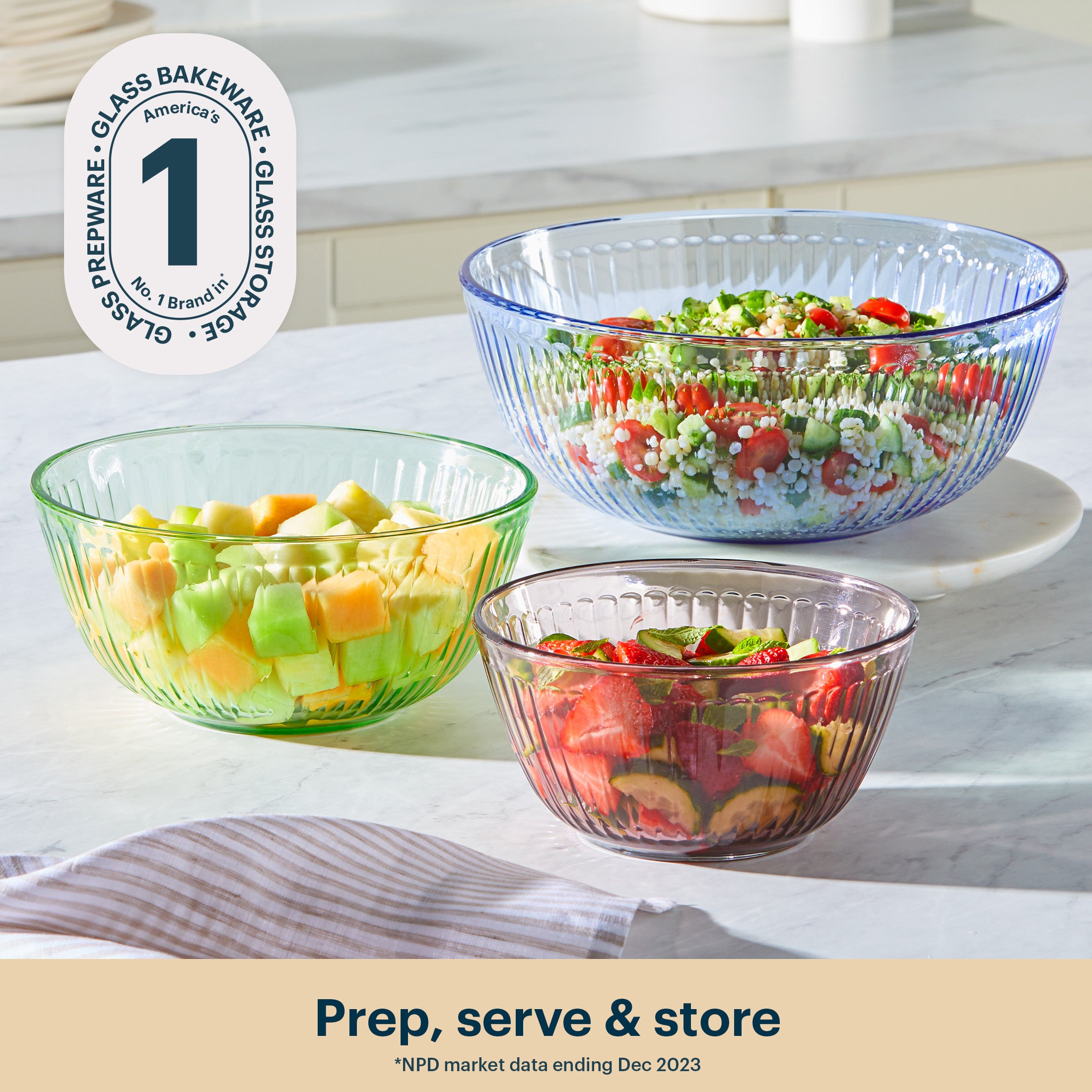 Pyrex® Colors Sculpted Tinted 3-piece Mixing Bowl Set, No Lid (Pink,Green,Blue)
