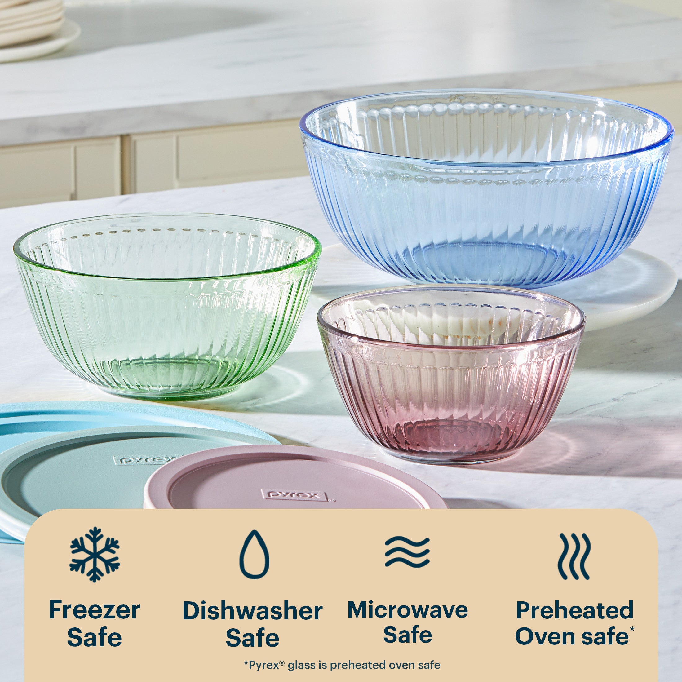 Pyrex® Colours Storage Sculptured 6 Piece Bowl Set (Blue/Green/Pink)