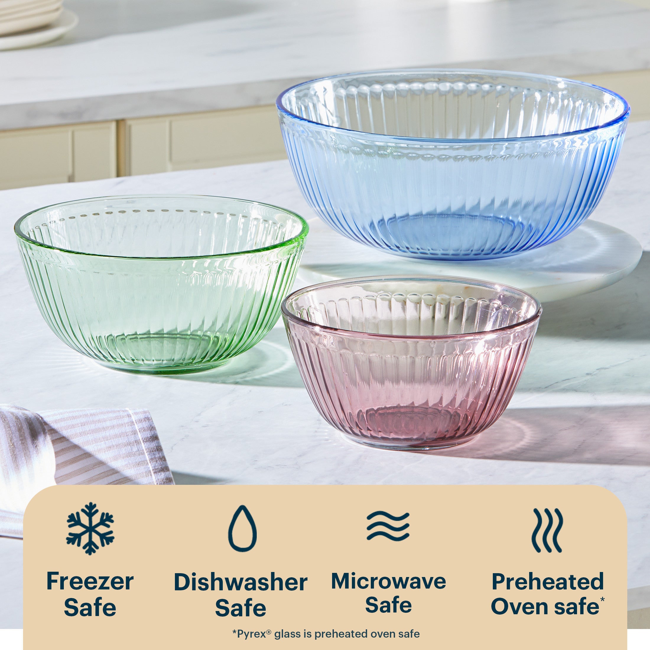 Pyrex® Colors Sculpted Tinted 3-piece Mixing Bowl Set, No Lid (Pink,Green,Blue)