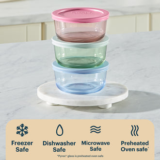 Pyrex® Simply Store Tinted Glass 2-cup Round Storage Containers, 6-pc Set, Mixed Colors (Pink/Blue/Green)