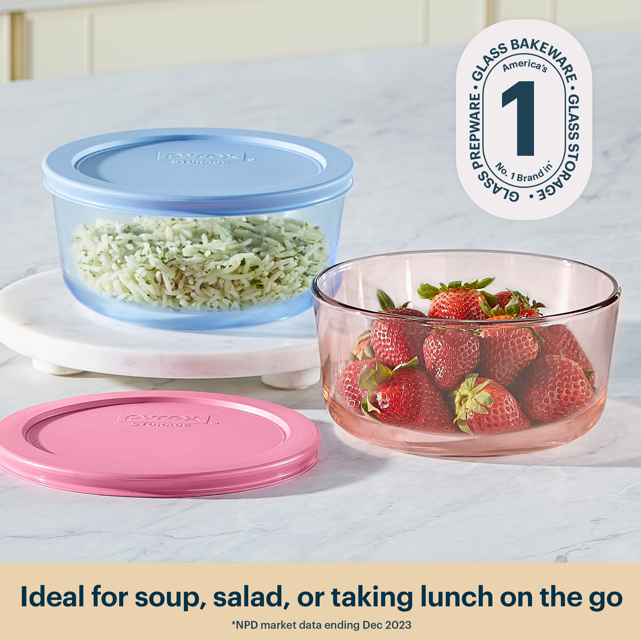 Pyrex® Simply Store® Tinted Glass 4-cup Round Storage Containers, 4-pc Set, Mixed Colors (Pink/Blue)