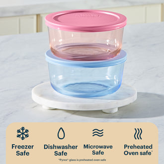 Pyrex® Simply Store® Tinted Glass 4-cup Round Storage Containers, 4-pc Set, Mixed Colors (Pink/Blue)