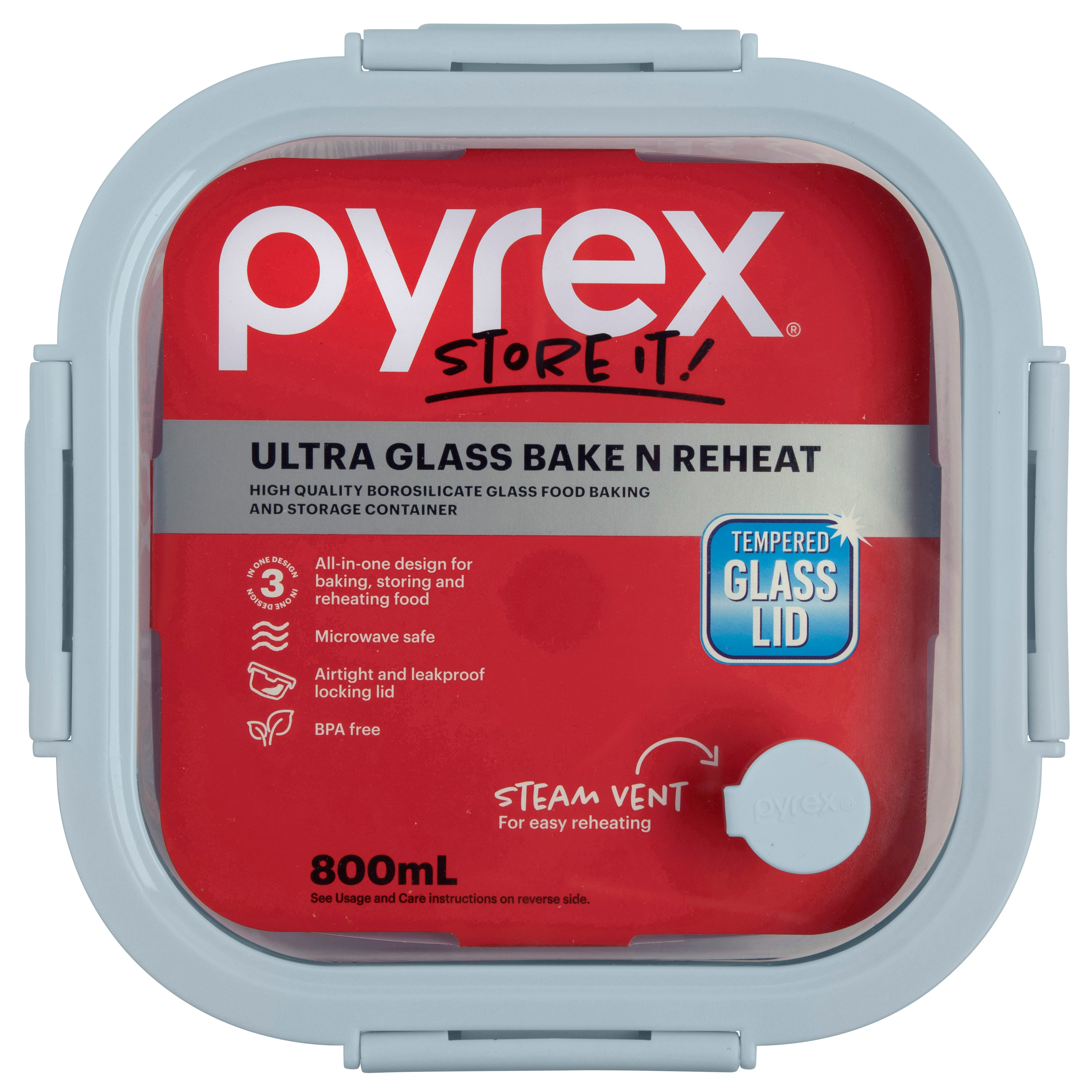 Pyrex® Ultra Glass Bake N Reheat Square Storage 800mL