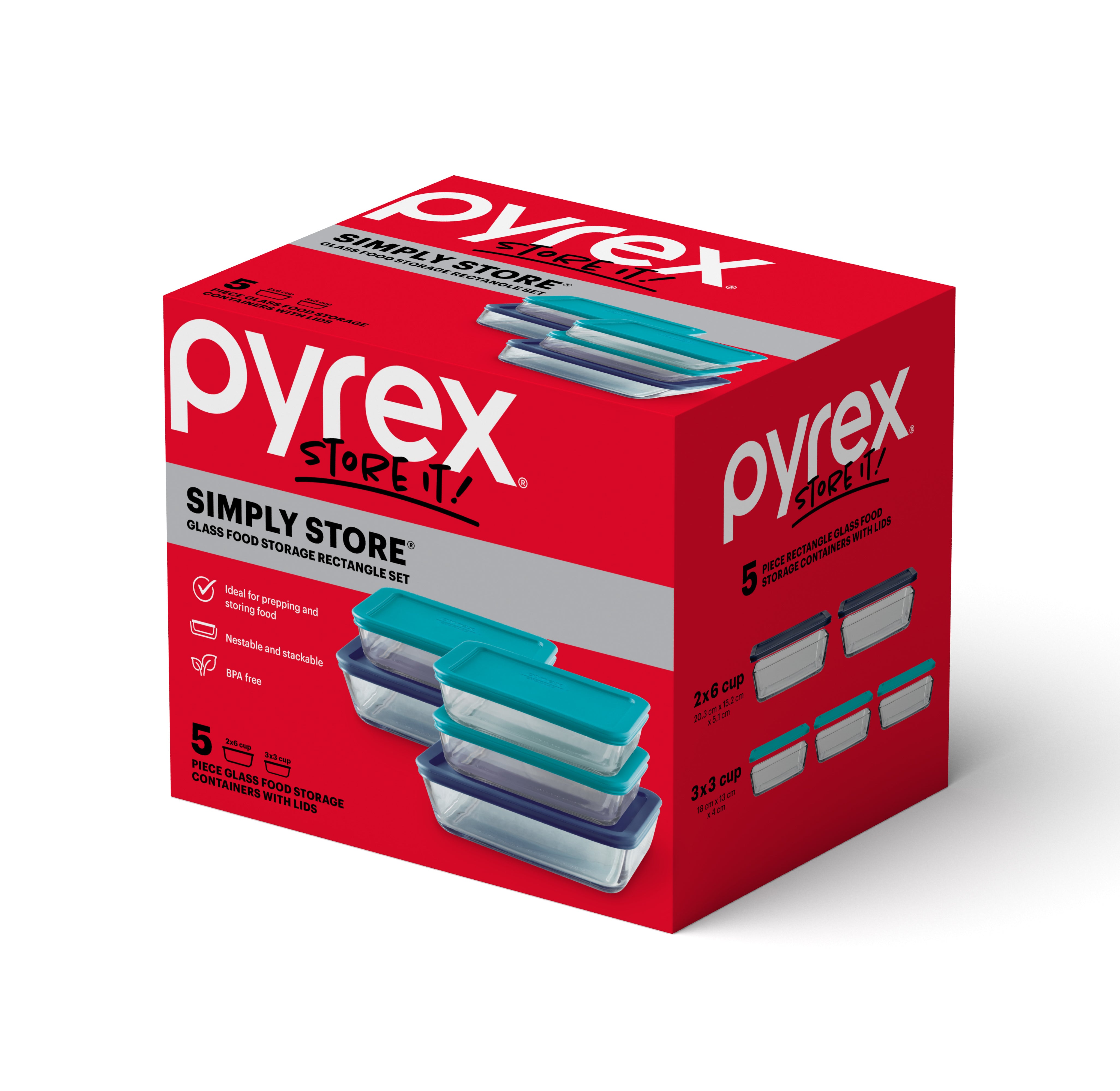 Pyrex® Simply Store Storage 5 Piece Rectangle Set Coloured Lids