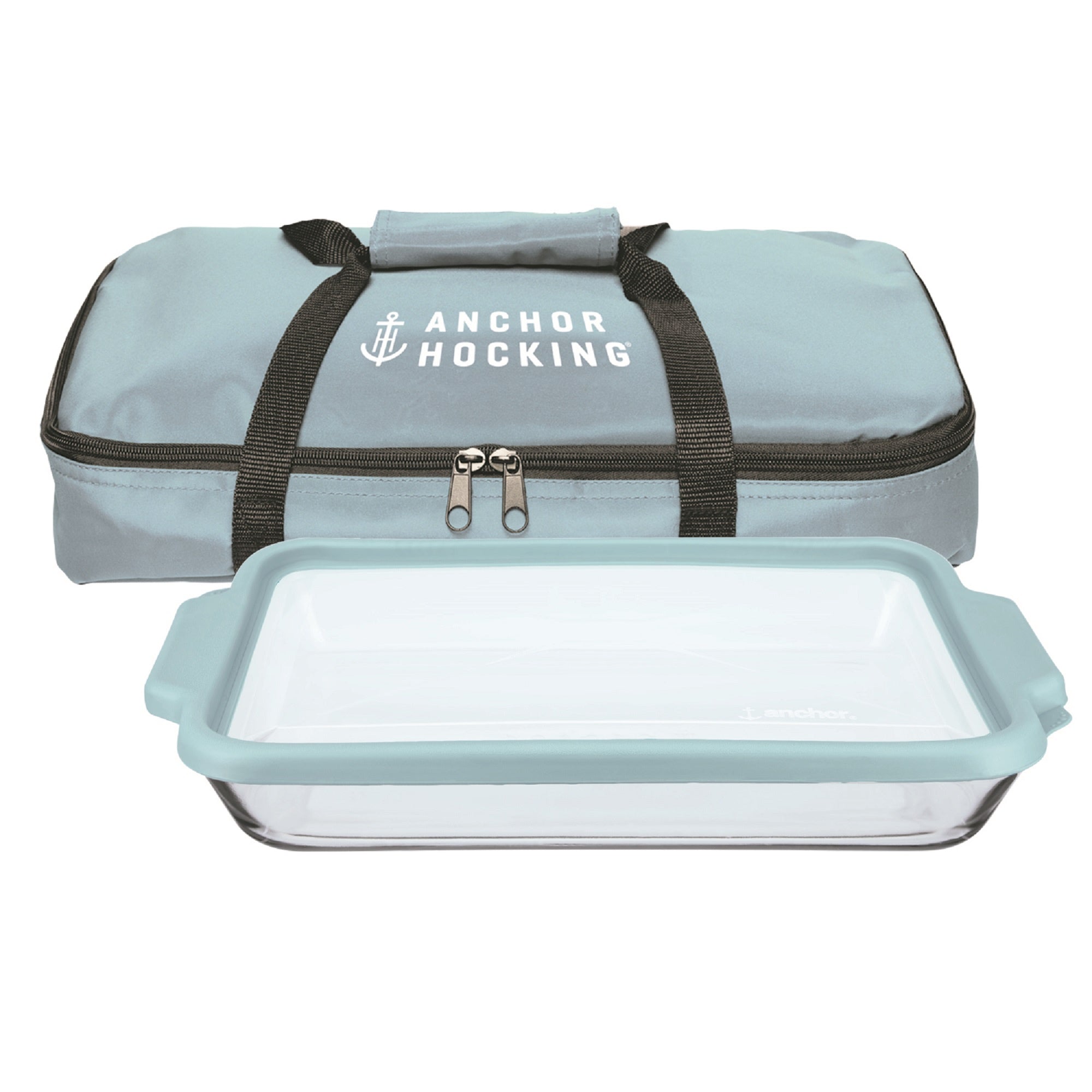 Anchor Hocking® Oven Basics 3 Pc Set-2.85L Rectangle Dish w/TrueFit Lid + Tote Bag-Blue