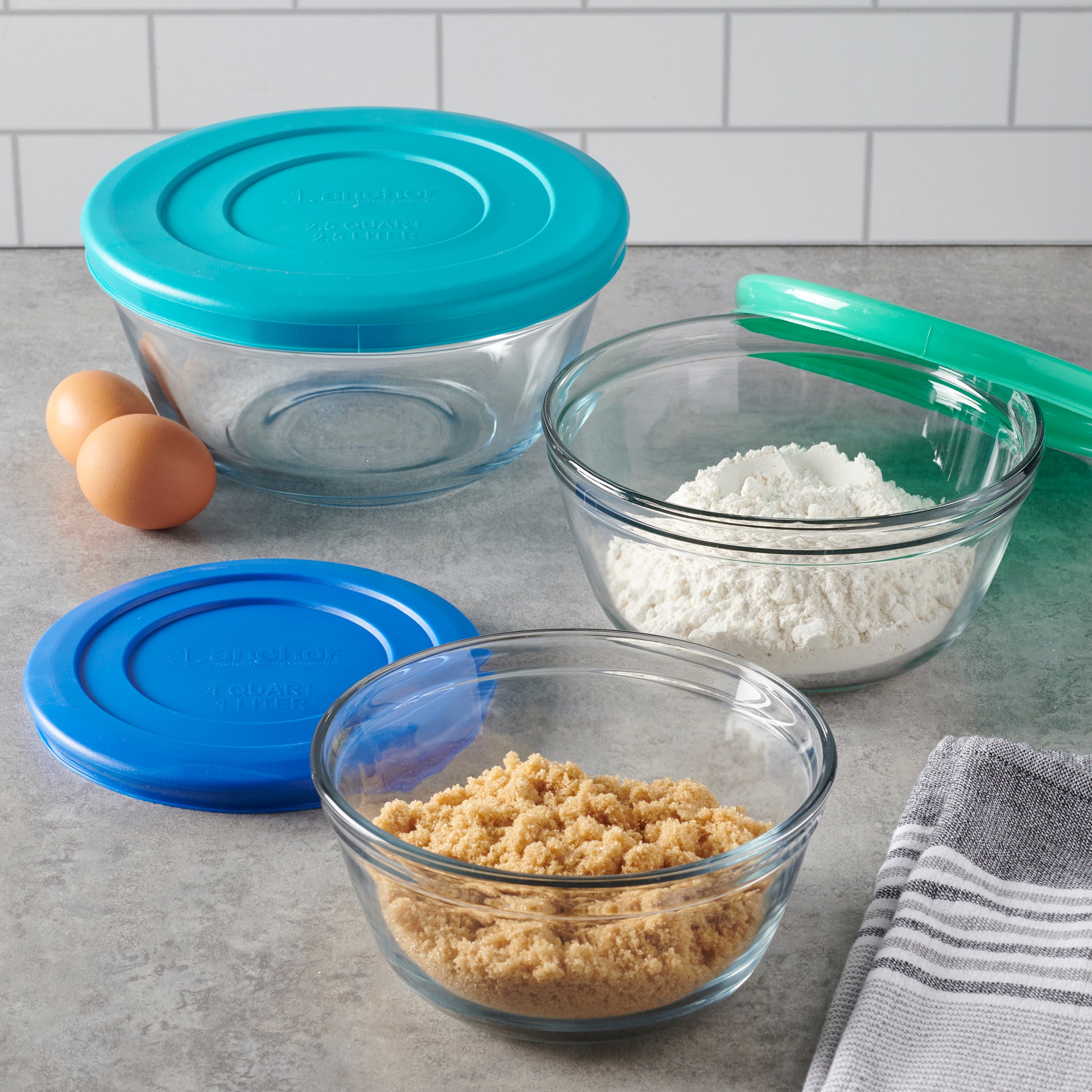 Anchor Hocking® Mixing Bowl 6 Pc Set w/Multi Colour Lids (1.4L, 2.35L, 3.85L)