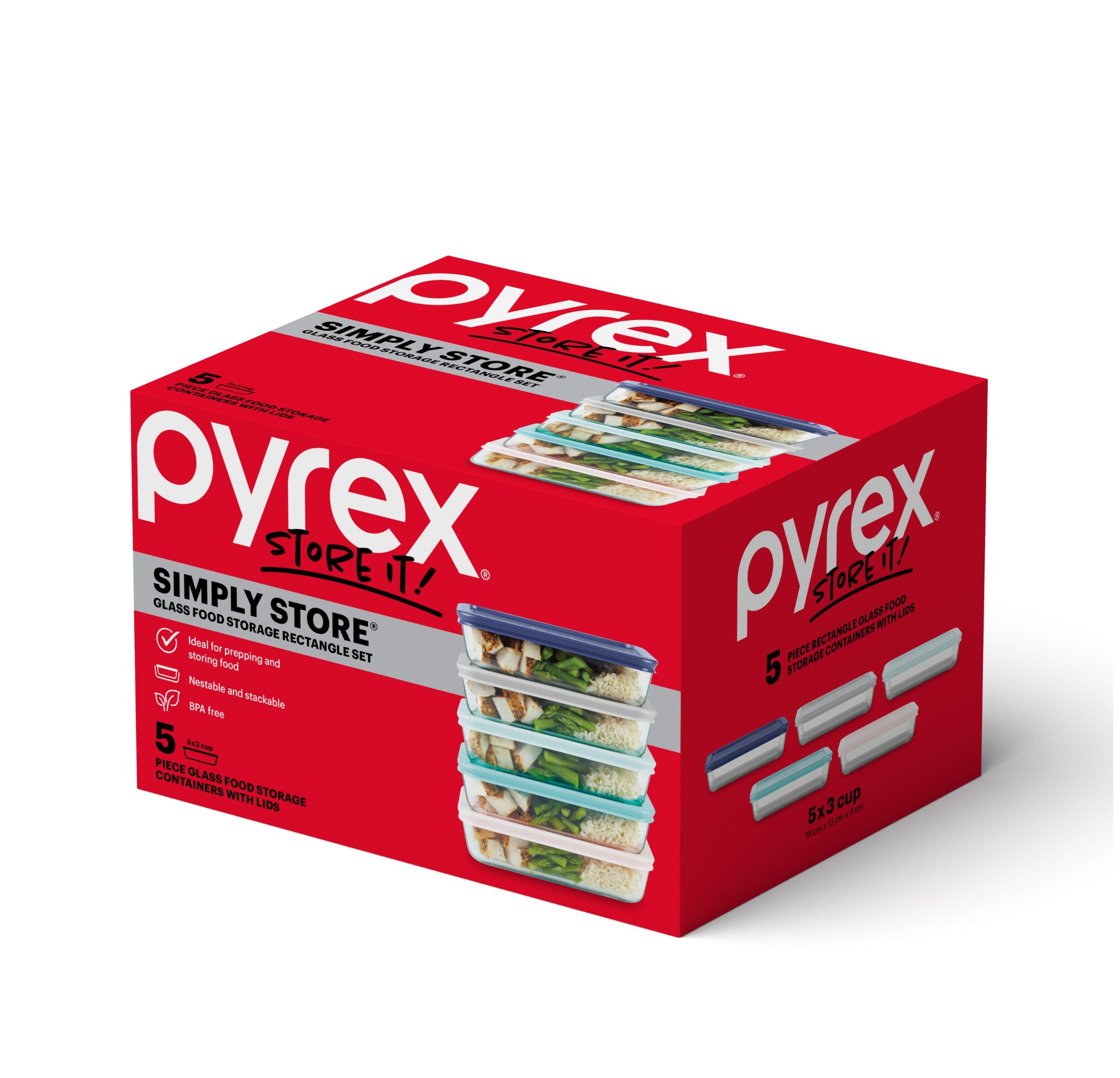 Pyrex® Simply Store Storage 5 Piece Rectangle Set w/Coloured Lids