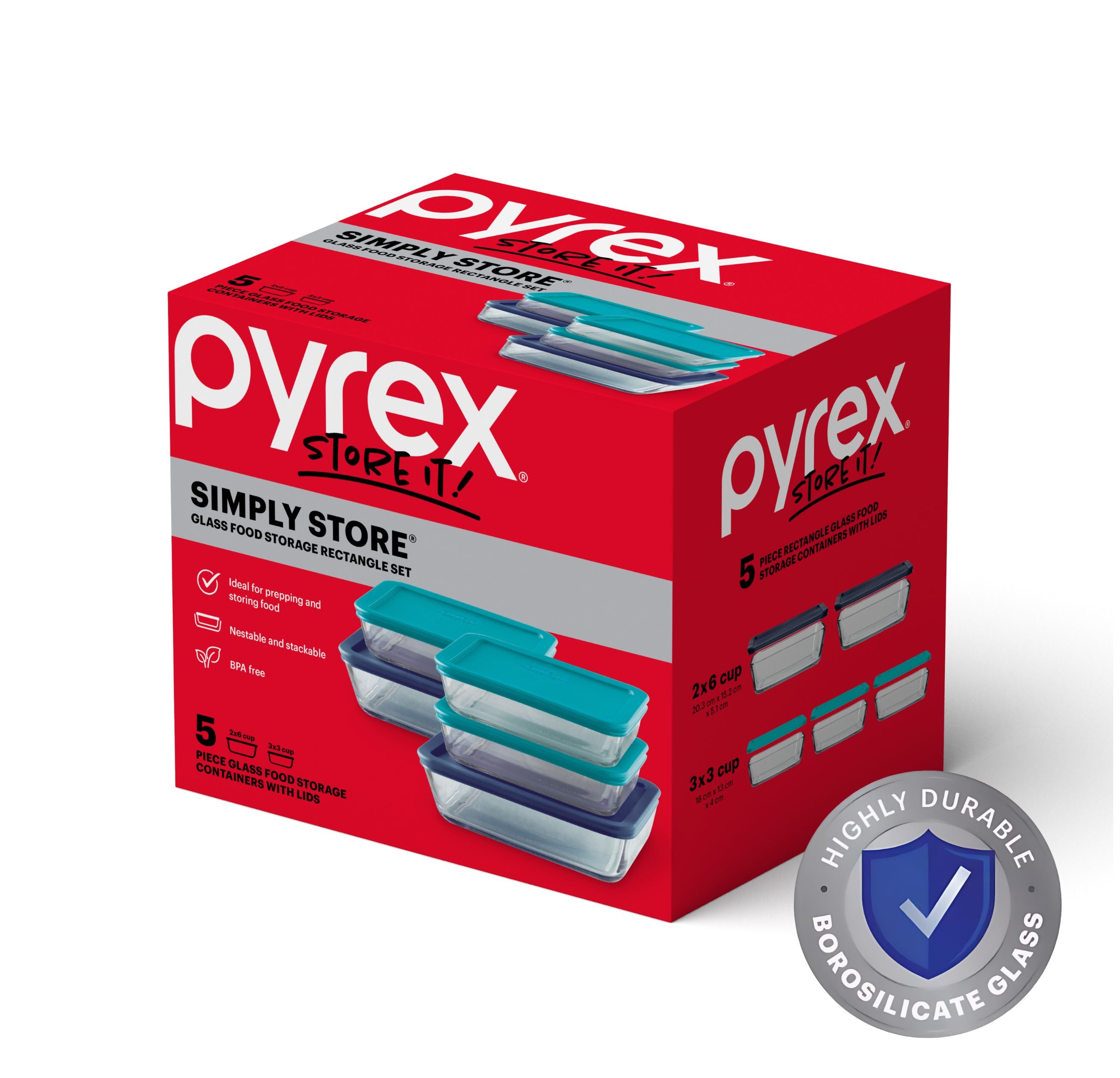 Pyrex® Simply Store Storage 5 Piece Rectangle Set Coloured Lids