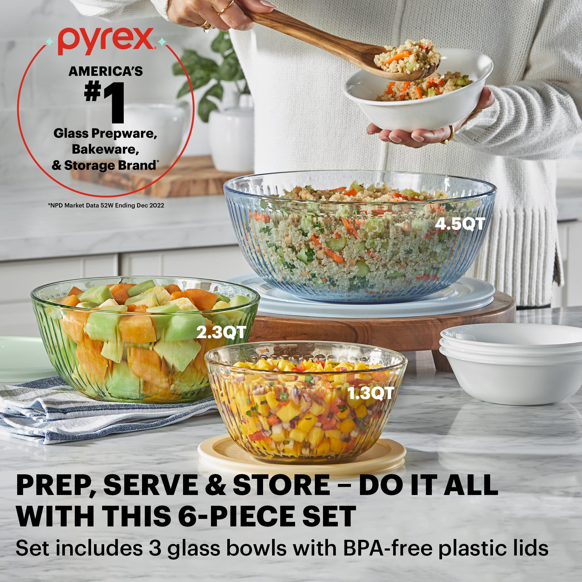 Pyrex® Colours Storage Sculptured 6 Piece Bowl Set (Yellow/Green/Blue)
