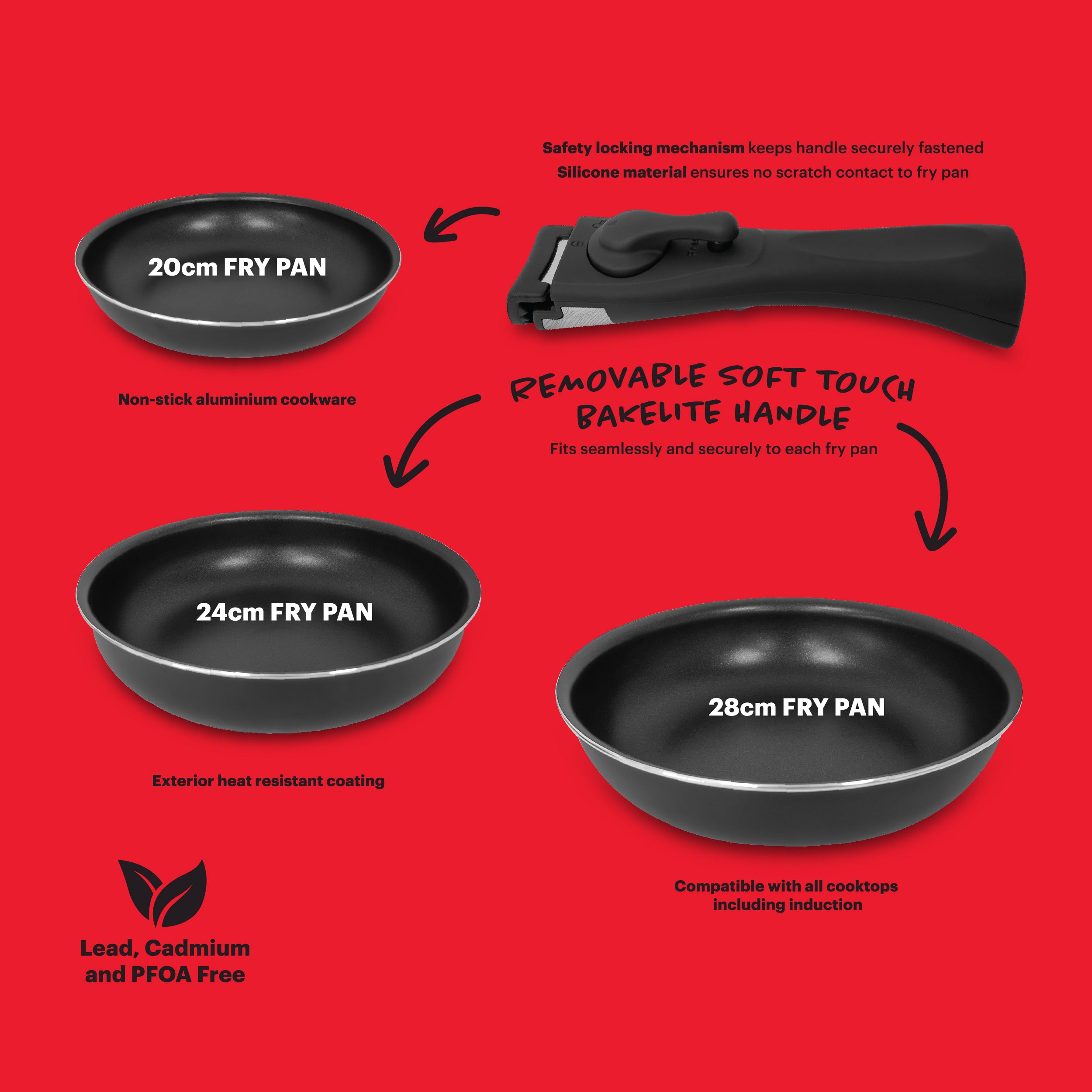 PYREX® Evolution Cookware 4 Piece Fry Pan Set w/Detachable Handle