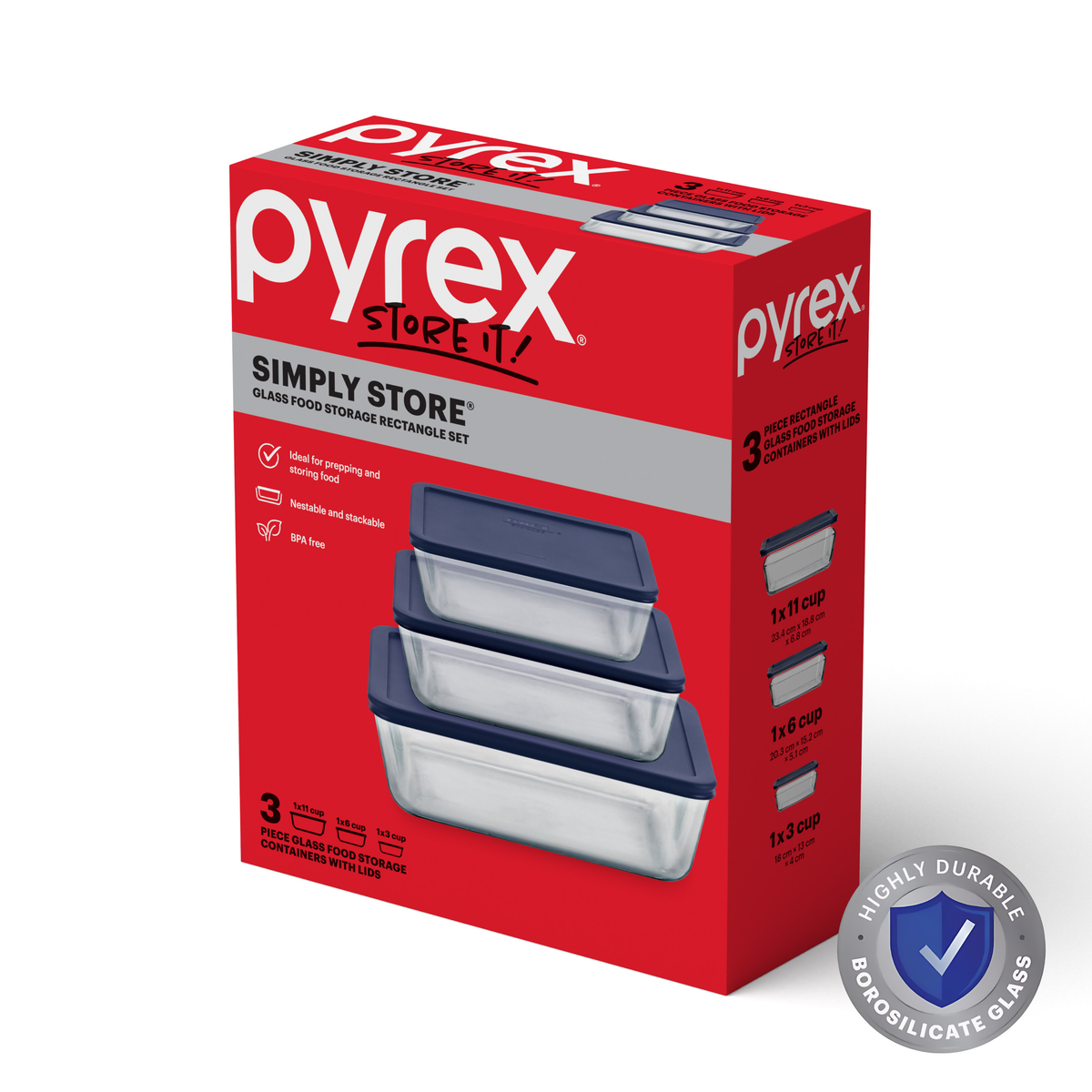 Pyrex® Simply Store Storage 3 Piece Set (3, 6, 11 Cup-Navy Blue ...